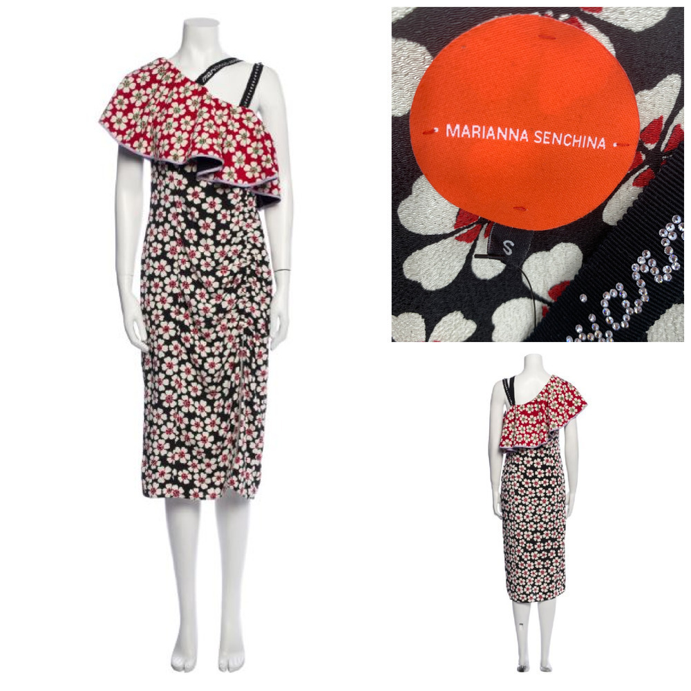 Marianna Senchina Sz S Avant Garde One Shoulder Floral Ruffle Dress Bling Strap